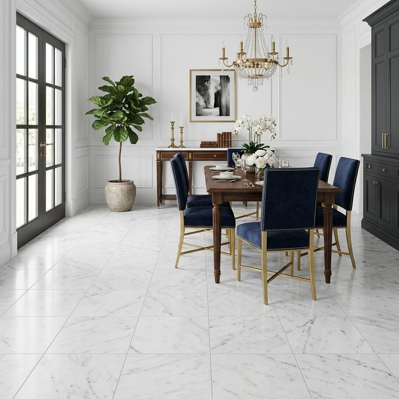 Carrara White Marble Tile 18x18 Honed — Living Room floor