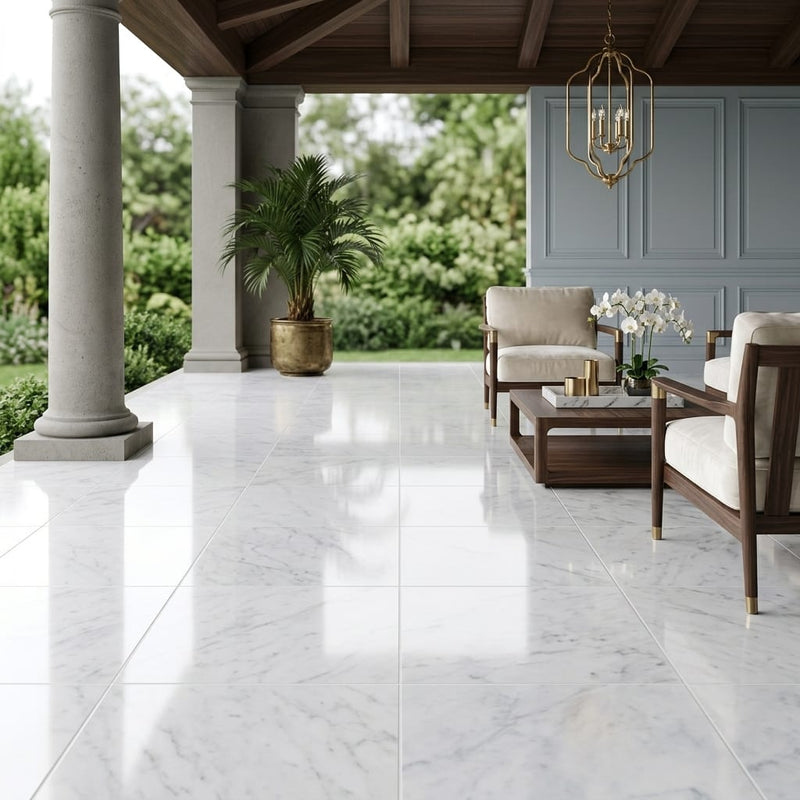 Carrara White Marble Tile 18x18 Polished — Covered Patio floor