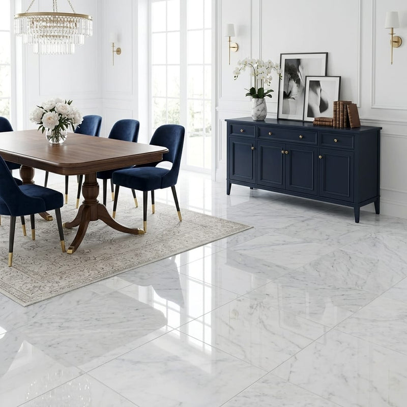 Carrara White Marble Tile 18x18 Polished — Dining Room floor
