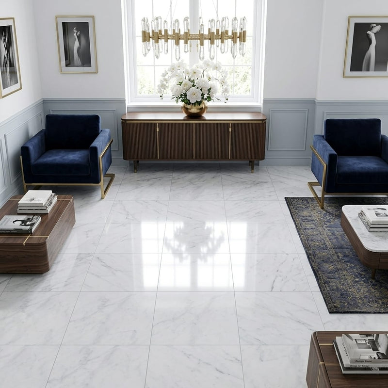 Carrara White Marble Tile 18x18 Polished — Family Room floor