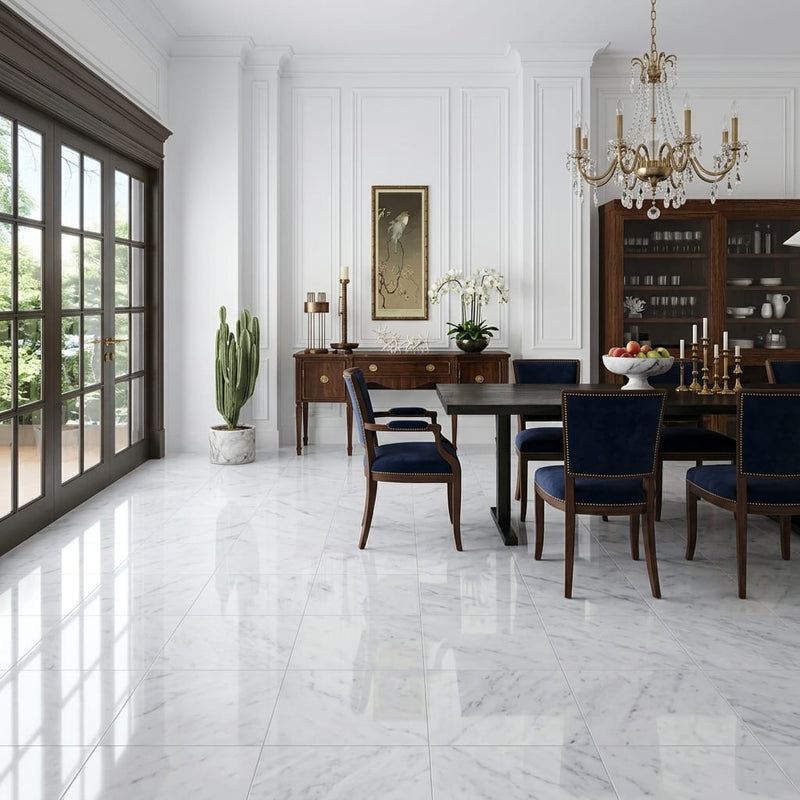 Carrara White Marble Tile 18x18 Polished — Living Room floor