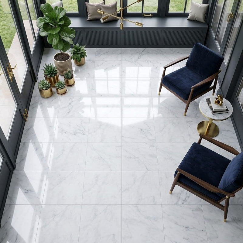 Carrara White Marble Tile 18x18 Polished — Sunroom floor