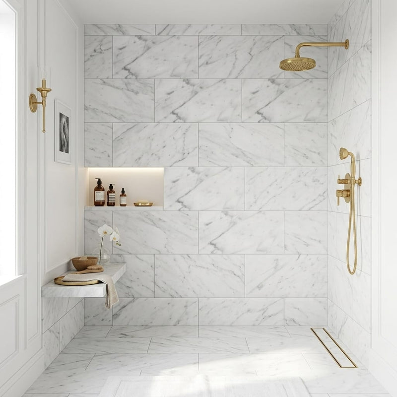 Carrara White Marble Tile 18x36 Honed — Bathroom shower wall