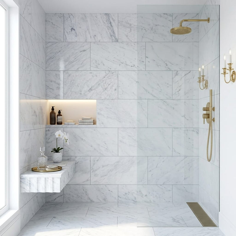 Carrara White Marble Tile 18x36 Polished — Bathroom shower wall