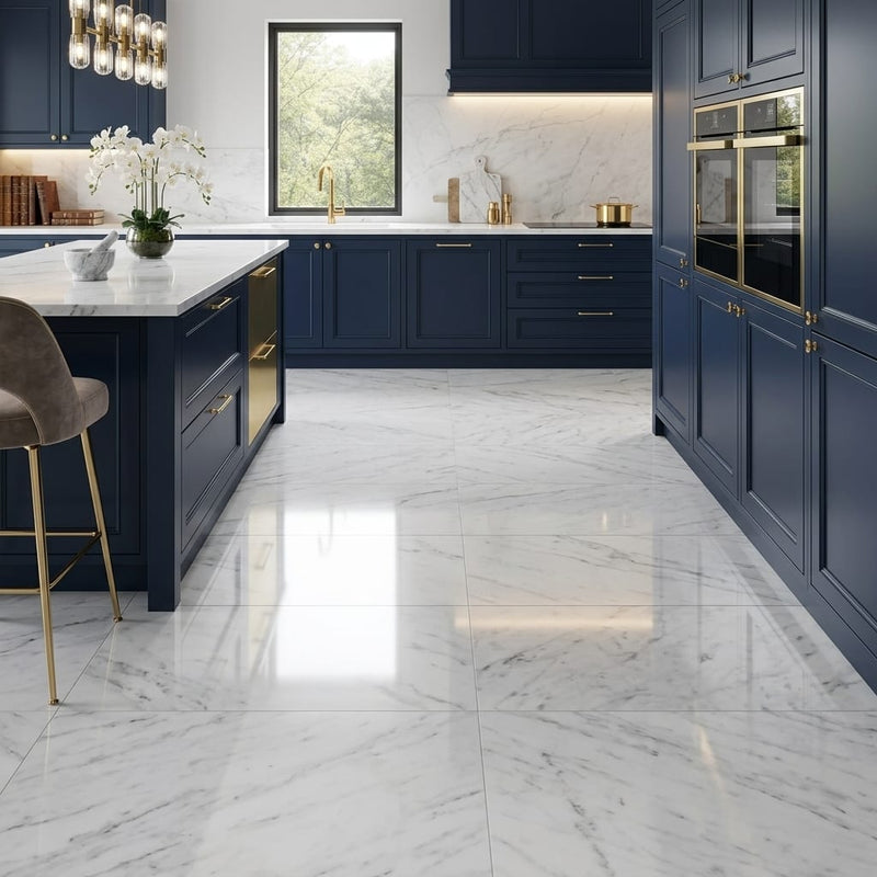 Carrara White Marble Tile 18x36 Polished — Kitchen floor