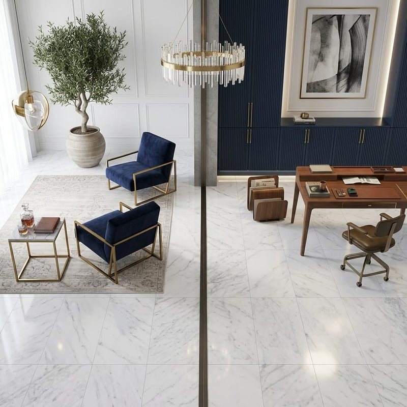 Carrara White Marble Tile 18x36 Polished — Living Room floor
