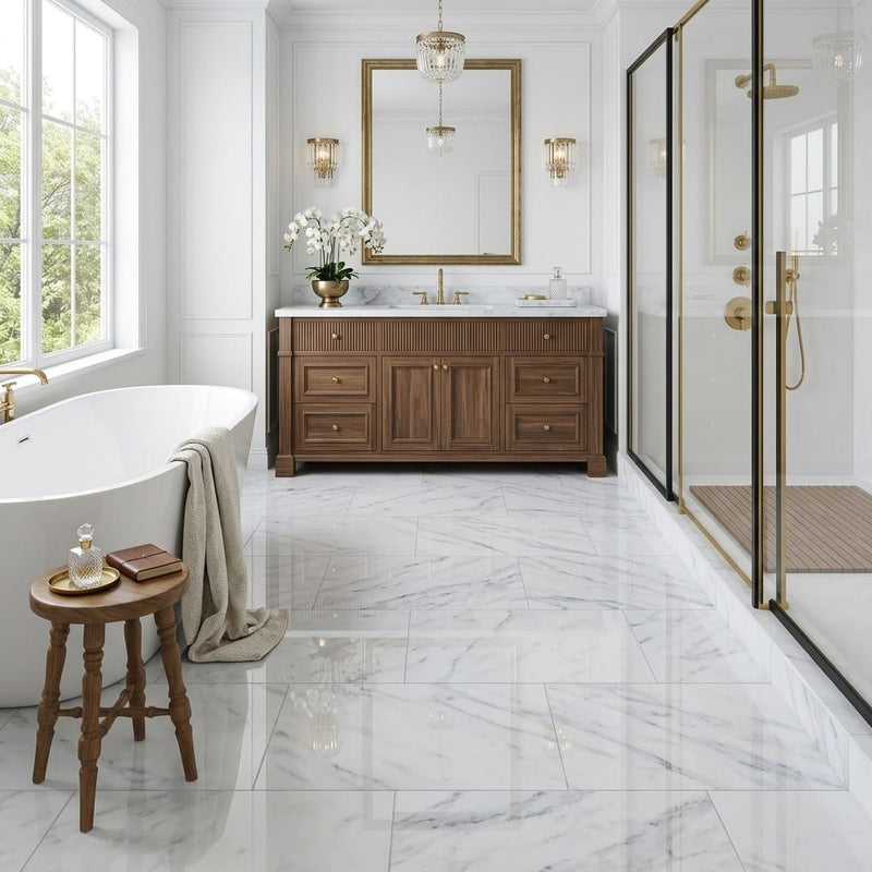 Carrara White Marble Tile 18x36 Polished — Primary Bath floor