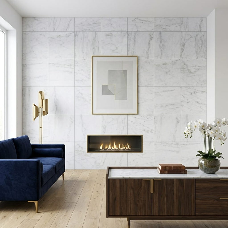 Carrara White Marble Tile 24x24 Honed — Living Room feature wall