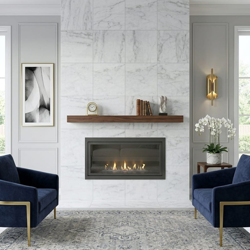 Carrara White Marble Tile 24x24 Honed — Living Room fireplace surround