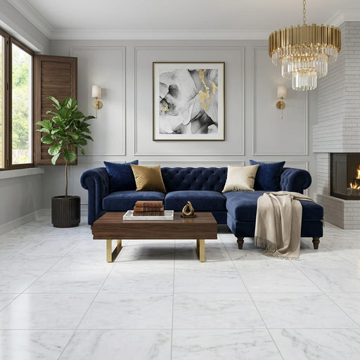 Carrara White Marble Tile 24x24 Honed — Living Room floor