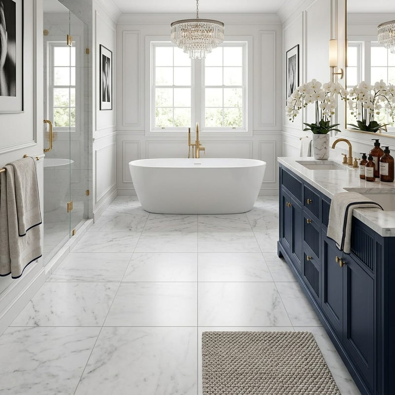 Carrara White Marble Tile 24x24 Honed — Primary Bath floor