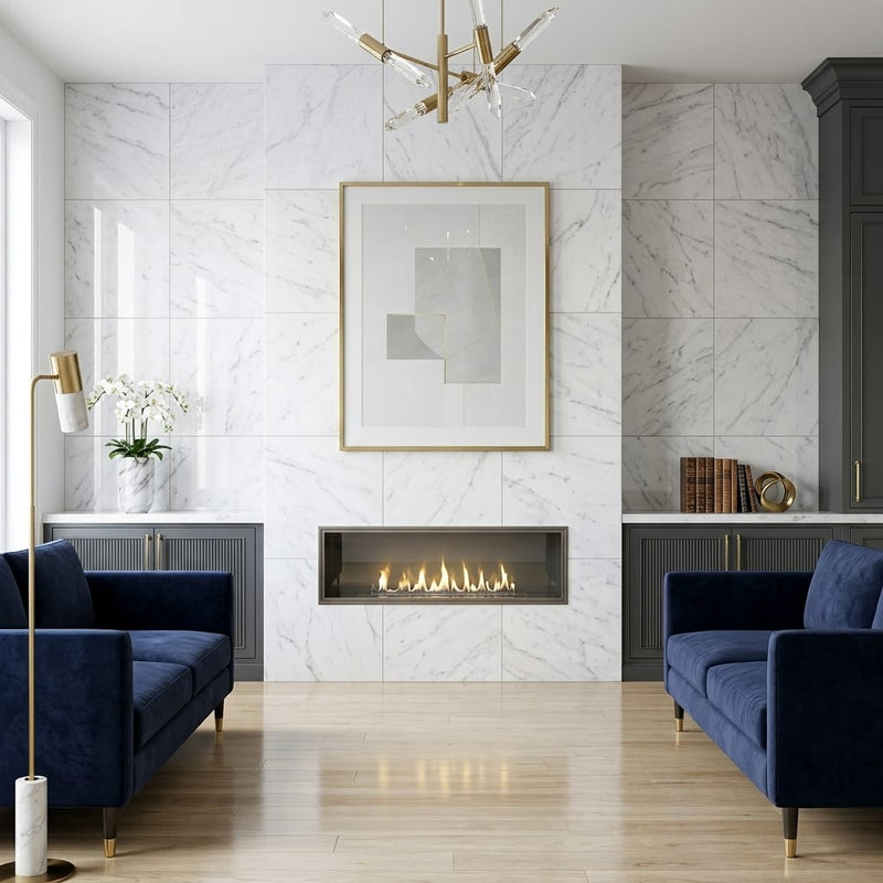 Carrara White Marble Tile 24x24 Polished — Living Room feature wall