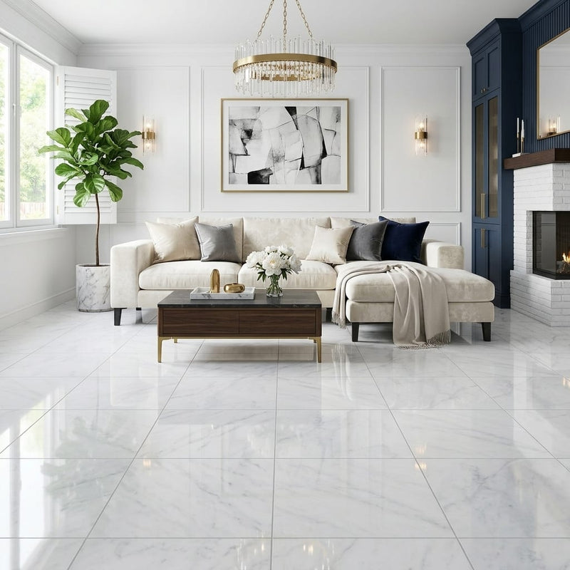 Carrara White Marble Tile 24x24 Polished — Living Room floor