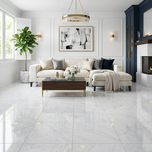 Carrara White Marble Tile 24x24 Polished — Living Room floor
