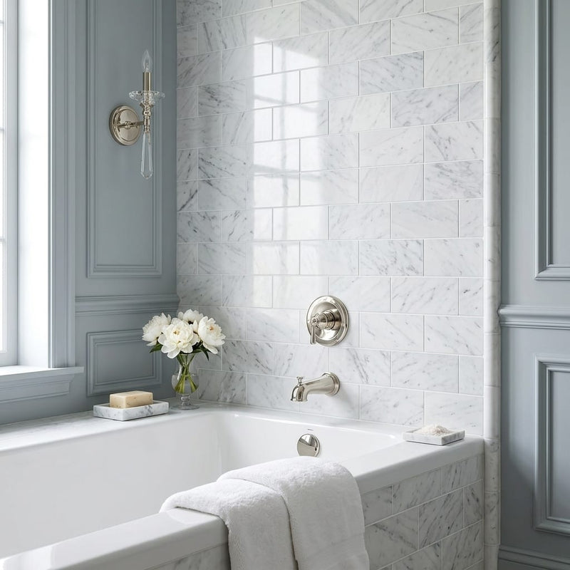 Carrara White Marble Tile 3x6 Honed — Bathroom tub surround edge