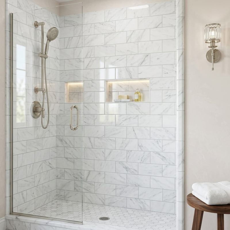 Carrara White Marble Tile 3x6 Polished — Bathroom shower wall edge