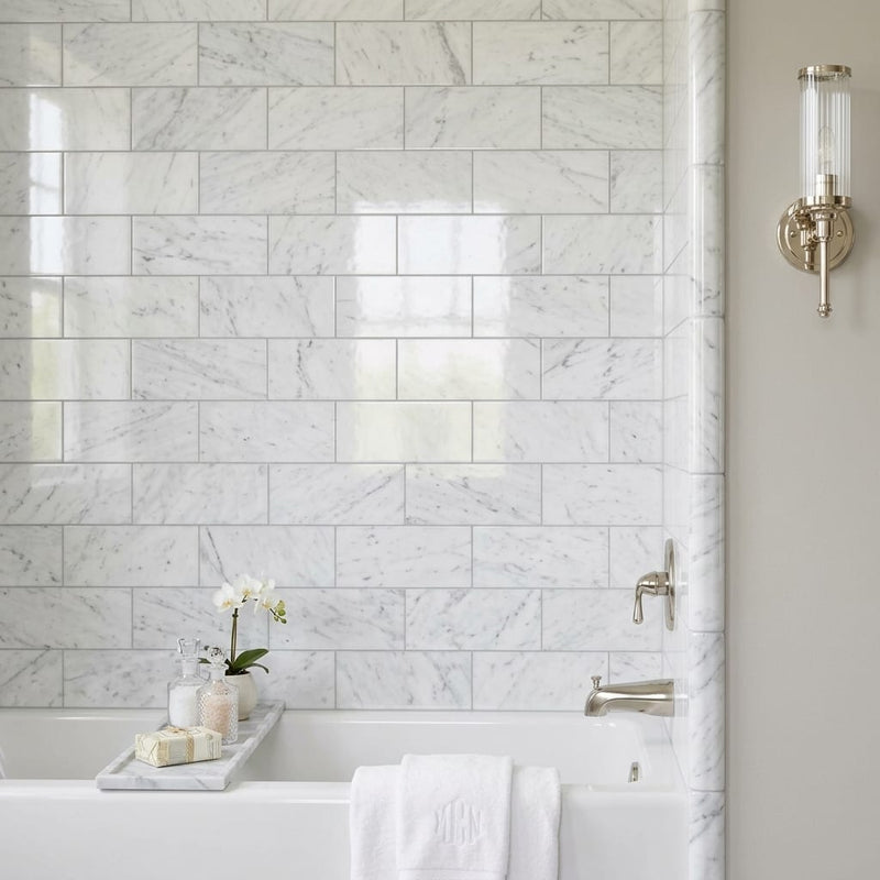 Carrara White Marble Tile 3x6 Polished — Bathroom tub surround edge