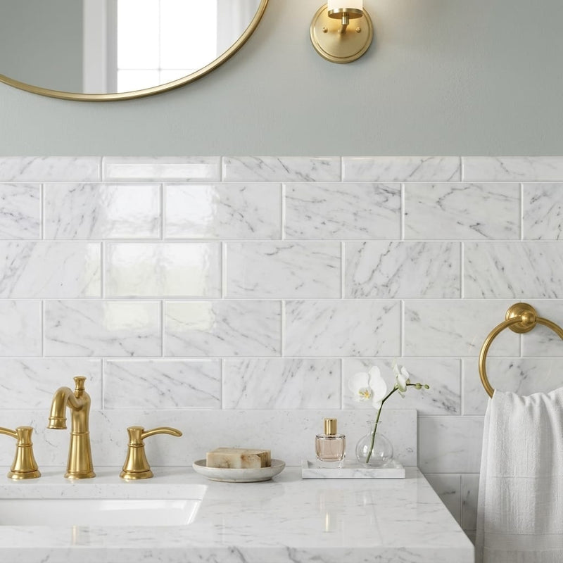 Carrara White Marble Tile 3x6 Polished — Bathroom wainscot cap