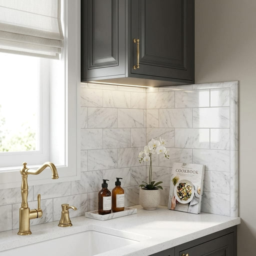 Carrara White Marble Tile 3x6 Polished — Kitchen backsplash edge
