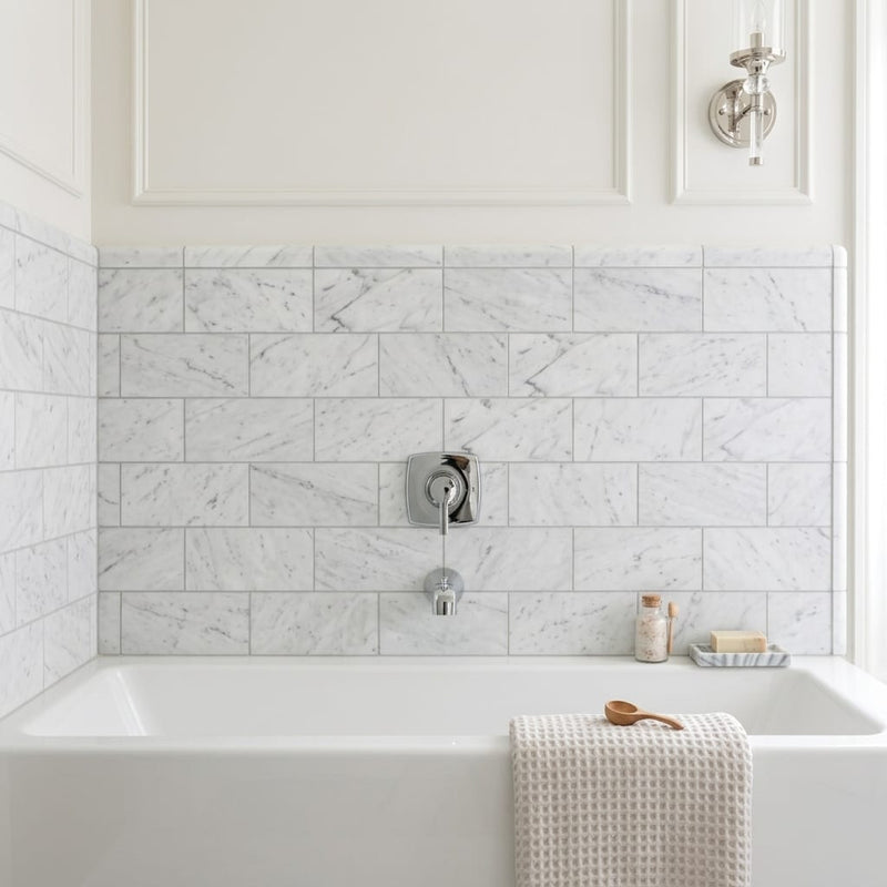 Carrara White Marble Tile 6x12 Honed — Bathroom tub surround edge