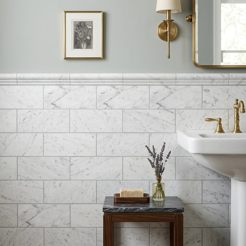 Carrara White Marble Tile 6x12 Honed — Bathroom wainscot cap