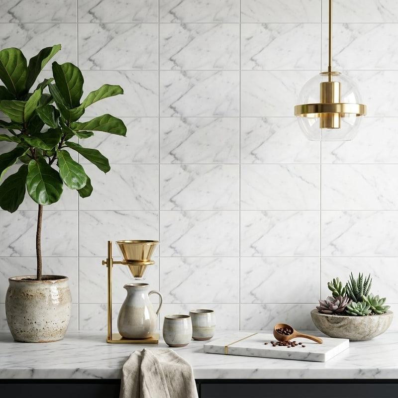Carrara White Marble Tile 6x12 Honed — Kitchen backsplash edge