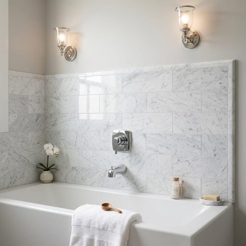 Carrara White Marble Tile 6x12 Polished — Bathroom tub surround edge