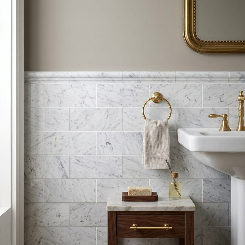 Carrara White Marble Tile 6x12 Polished — Bathroom wainscot cap