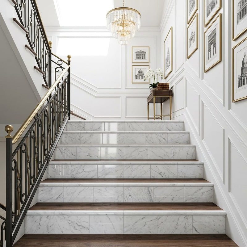 Carrara White Marble Tile 6x12 Polished — Stairway stair riser edge