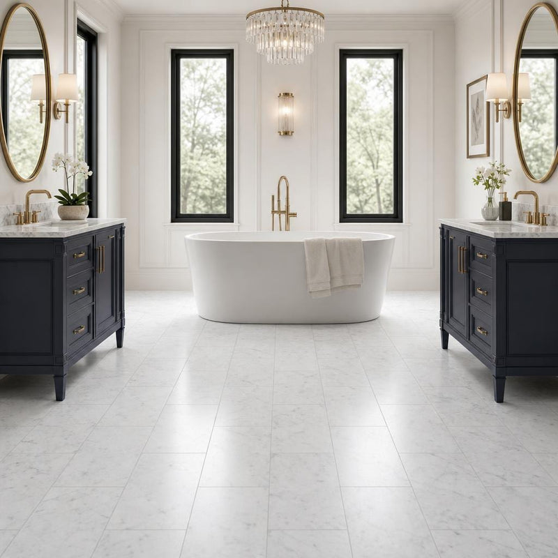 Carrara White (Venetino) 12x24 Honed Veined Marble Tile — Bathroom floor