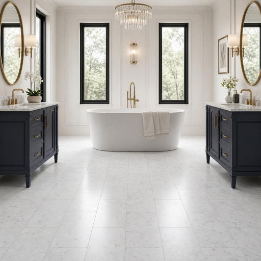 Carrara White (Venetino) 12x24 Honed Veined Marble Tile — Bathroom floor