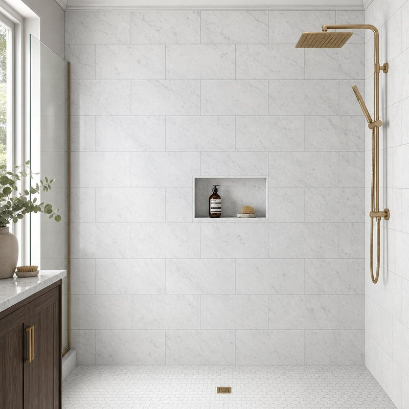 Carrara White (Venetino) 12x24 Honed Veined Marble Tile — Bathroom shower wall