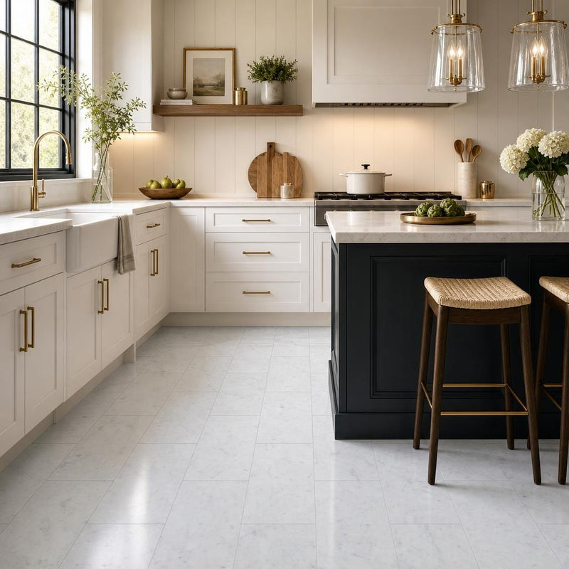 Carrara White (Venetino) 12x24 Honed Veined Marble Tile — Kitchen floor