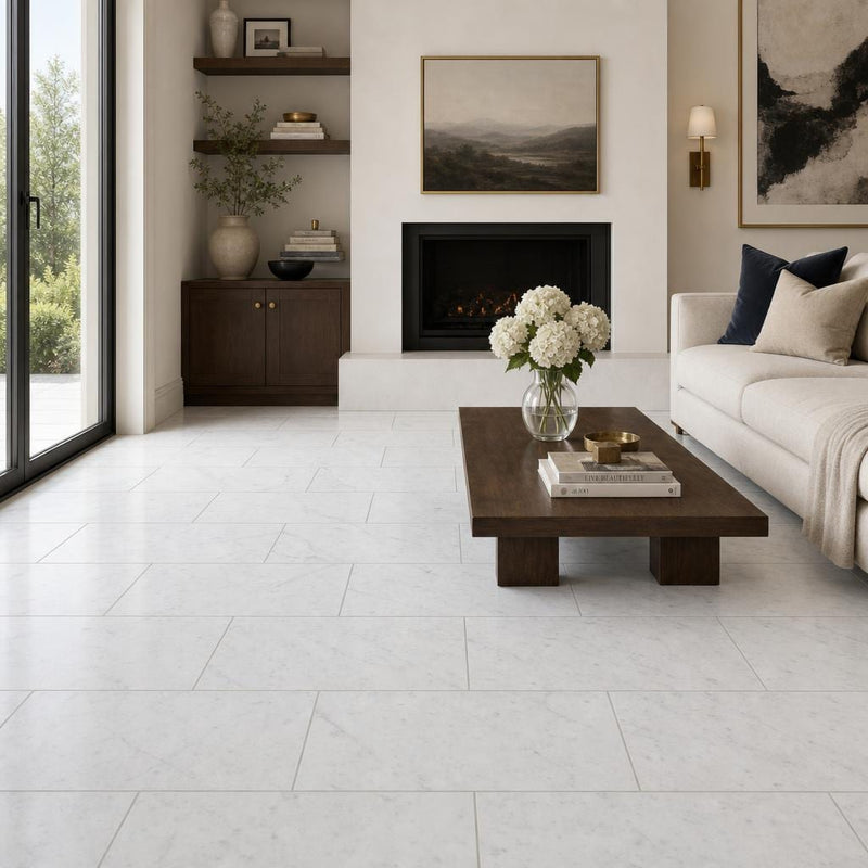 Carrara White (Venetino) 12x24 Honed Veined Marble Tile — Living Room floor