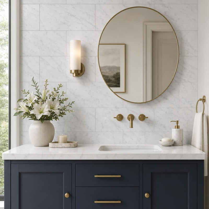 Carrara White (Venetino) 12x24 Polished Veined Marble Tile — Bathroom vanity wall