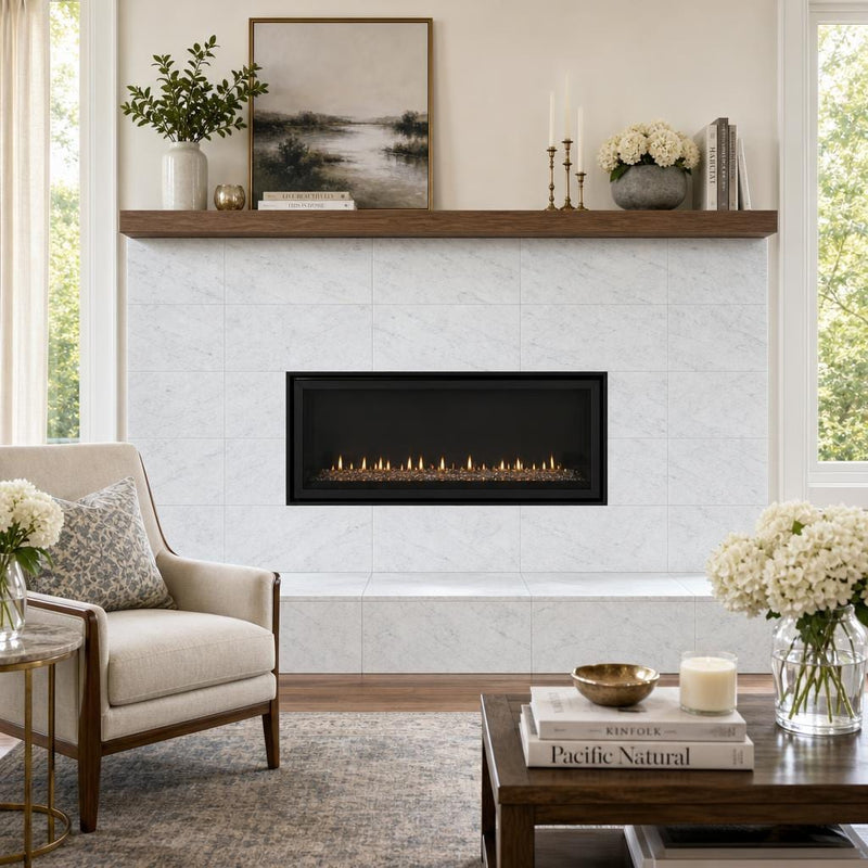 Carrara White (Venetino) 12x24 Polished Veined Marble Tile — Living Room fireplace surround