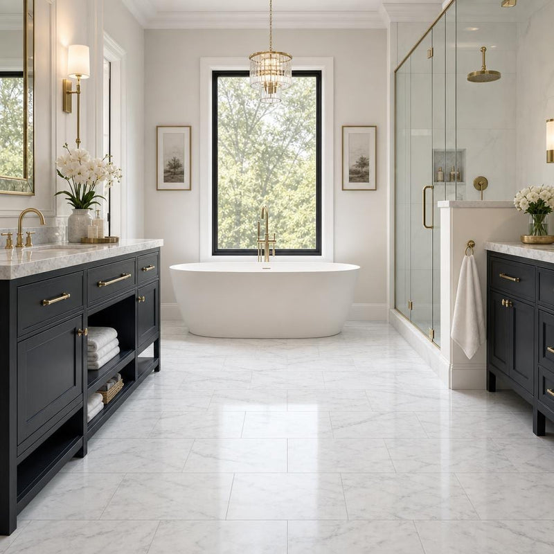 Carrara White (Venetino) 12x24 Polished Veined Marble Tile — Primary Bath floor