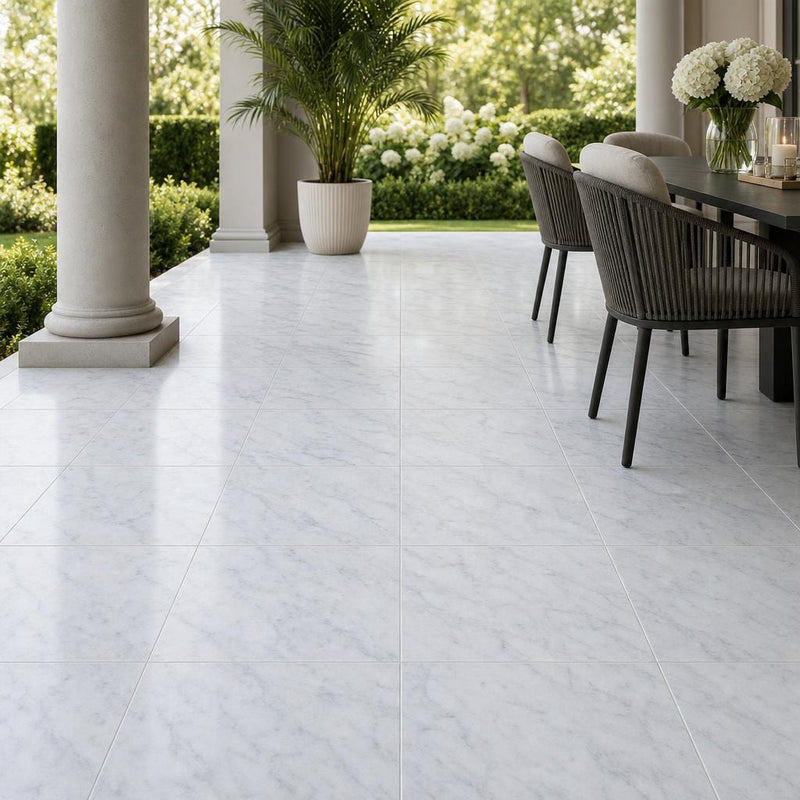 Carrara White (Venetino) 18x18 Natural Veined Marble Tile — Covered Patio floor