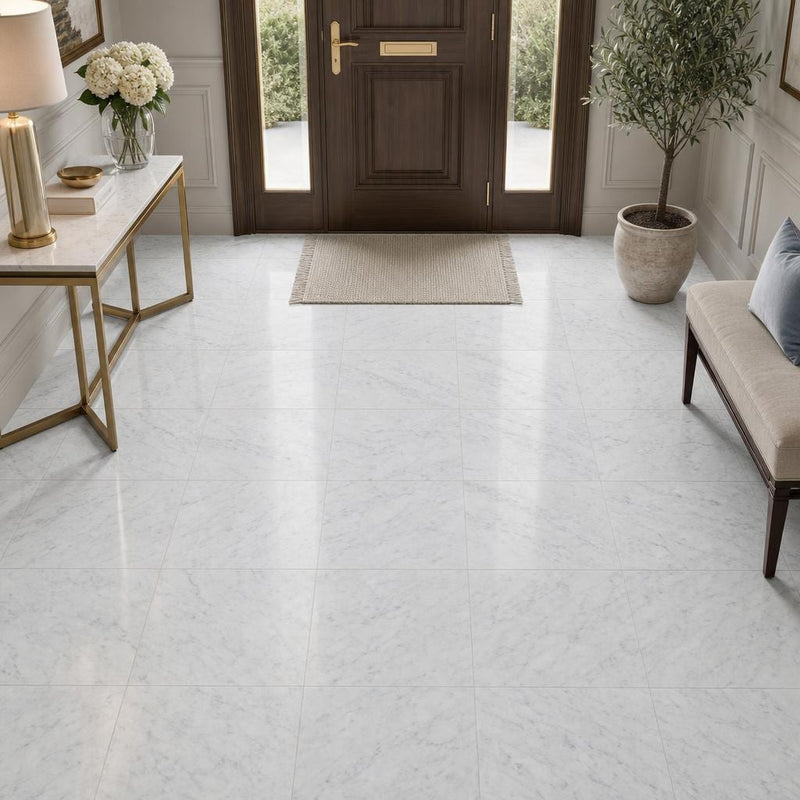 Carrara White (Venetino) 18x18 Natural Veined Marble Tile — Foyer floor