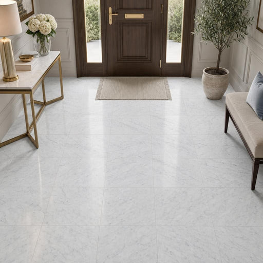 Carrara White (Venetino) 18x18 Natural Veined Marble Tile — Foyer floor