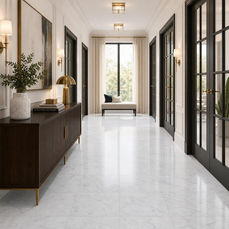 Carrara White (Venetino) 18x18 Natural Veined Marble Tile — Hallway floor