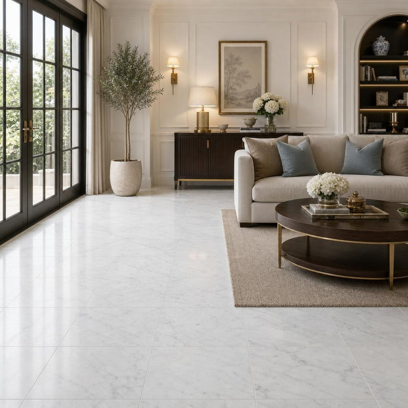 Carrara White (Venetino) 18x18 Natural Veined Marble Tile — Living Room floor