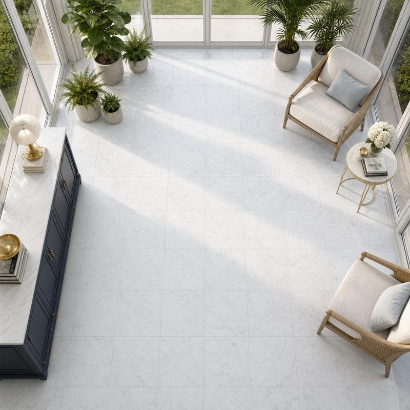 Carrara White (Venetino) 18x18 Natural Veined Marble Tile — Sunroom floor