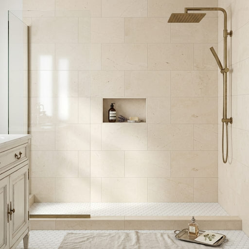 Caspian Bisque 12x24 Honed Mesh Back Limestone Tile — Bathroom shower wall