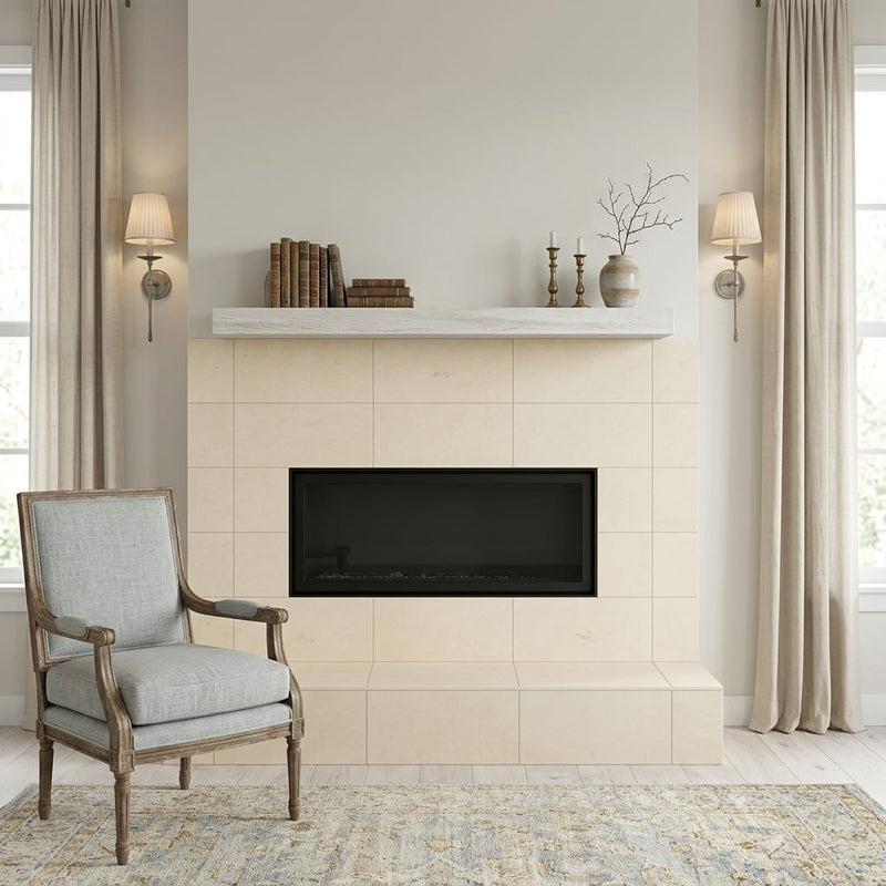 Caspian Bisque 12x24 Honed Mesh Back Limestone Tile — Living Room fireplace surround
