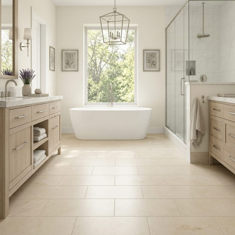 Caspian Bisque 12x24 Honed Mesh Back Limestone Tile — Primary Bath floor