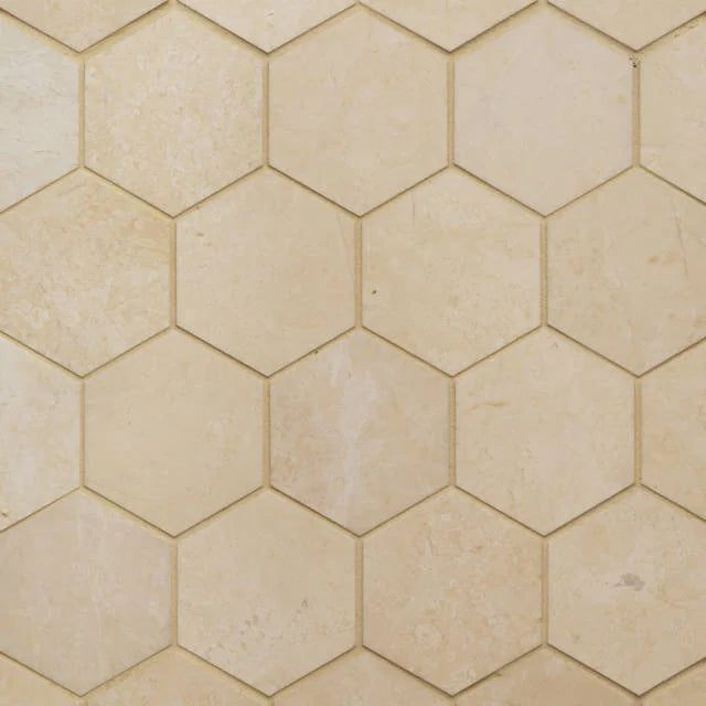 Caspian Bisque 3in Hex 12x10.5 Honed Mesh Back Marble Mosaic