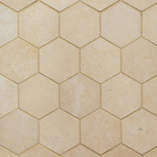 Caspian Bisque 3in Hex 12x10.5 Honed Mesh Back Marble Mosaic