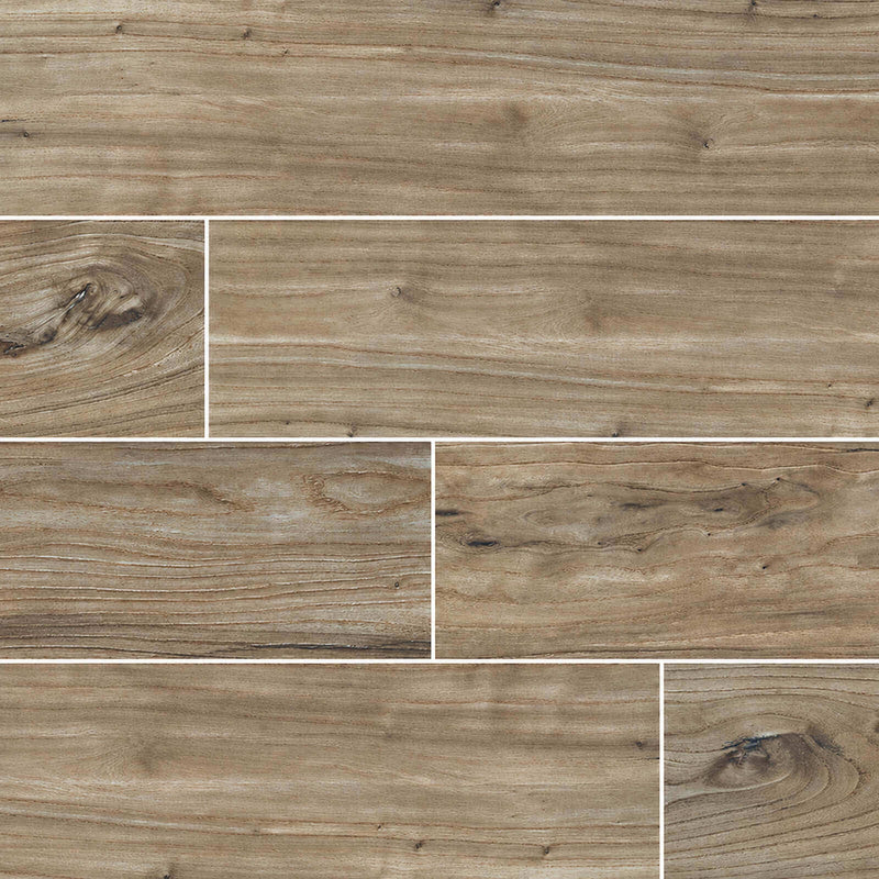 Catalina Teak 8x48 polished wood-look porcelain floor tiles with brown grain and knots in a staggered plank layout.