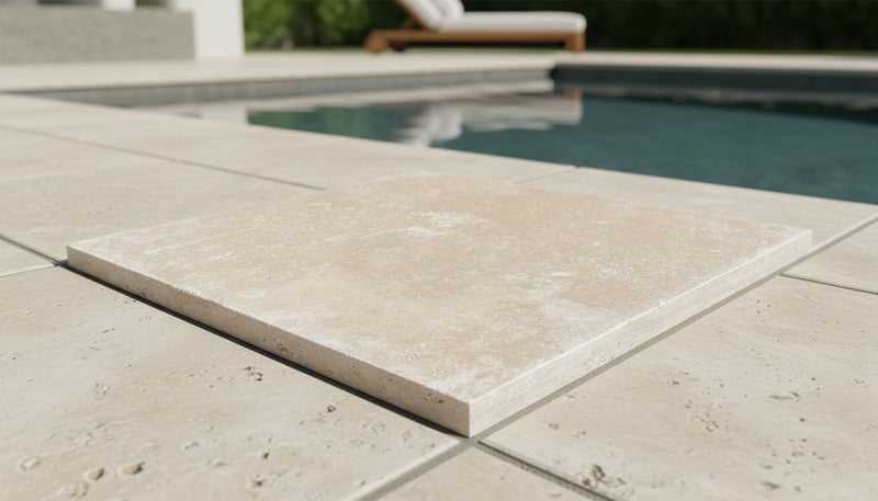 Close-up of Ivory Cordoba Cream Travertine Tumbled 24 x 24 x 2 4-SIDED Modern Coping, in Ivory tones.